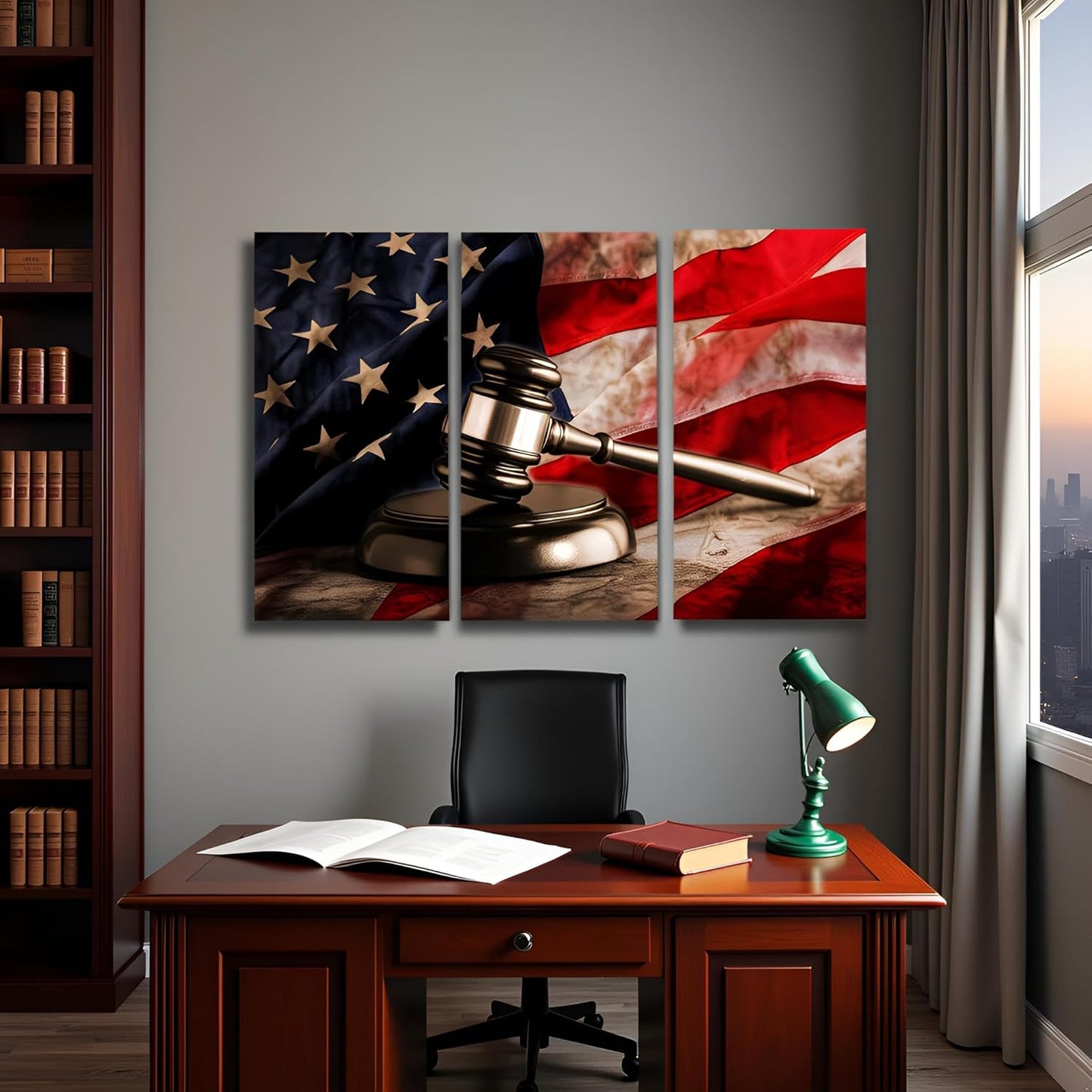 3 PCS Vintage Law Wall Art Judge Hammer Canvas Print, Picture American Flag Law Office Artwork