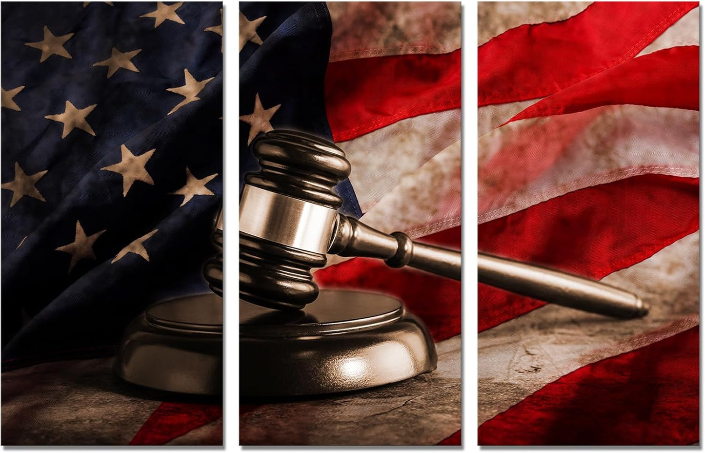 3 PCS Vintage Law Wall Art Judge Hammer Canvas Print, Picture American Flag Law Office Artwork