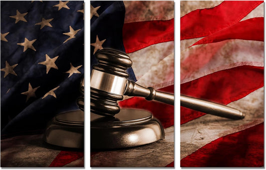 3 PCS Vintage Law Wall Art Judge Hammer Canvas Print, Picture American Flag Law Office Artwork