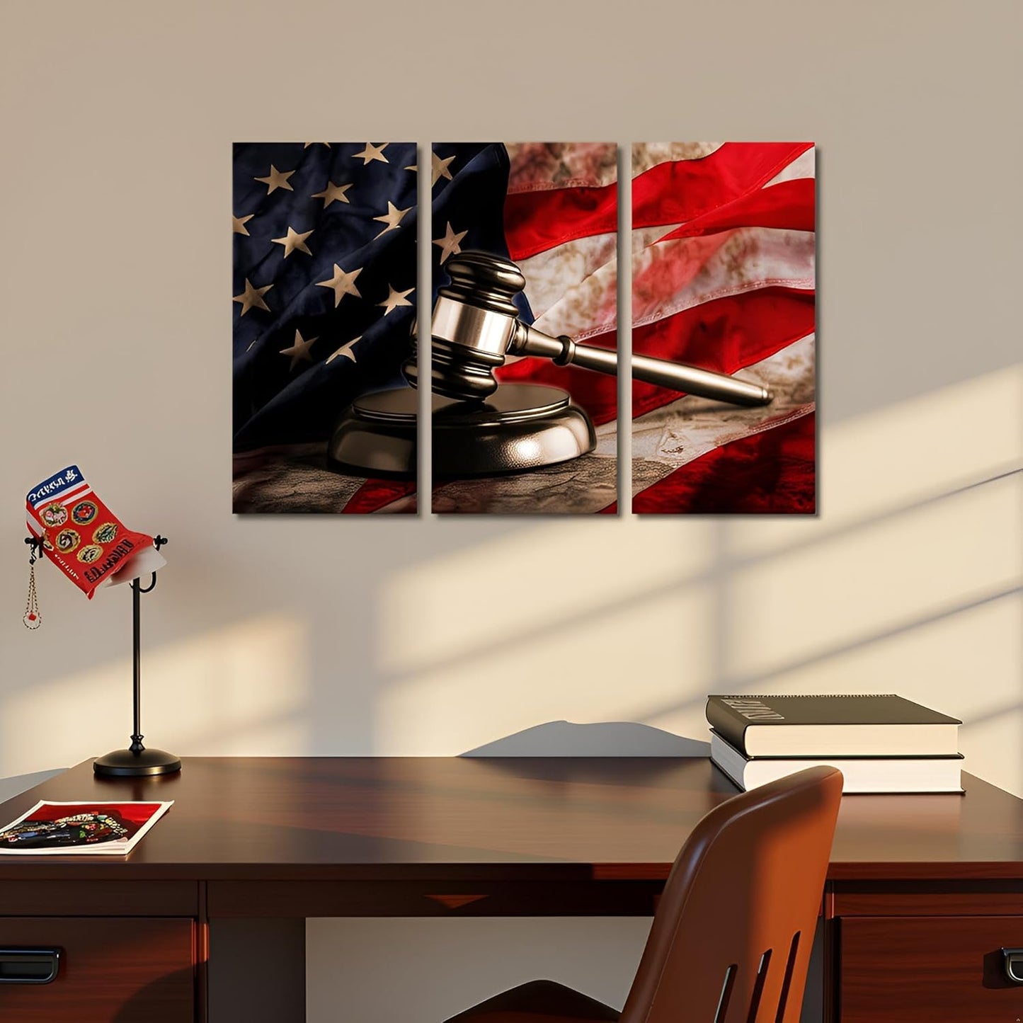 3 PCS Vintage Law Wall Art Judge Hammer Canvas Print, Picture American Flag Law Office Artwork