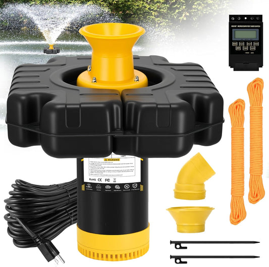 Pond Fountain Aerator, 1HP 15000 GPH, with Timer & 100FT Rope & Cord