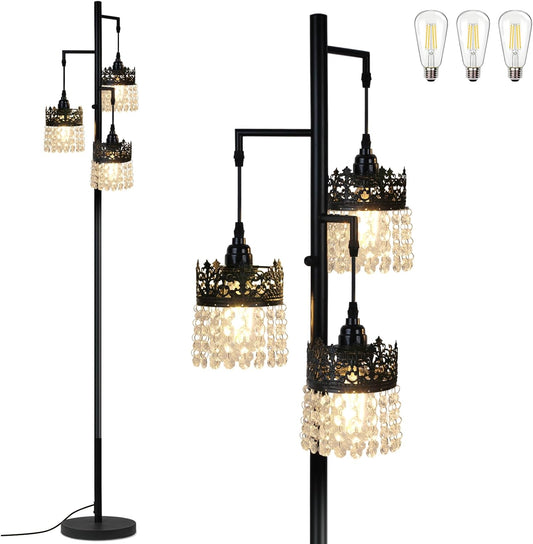 69' Modern Black Crystal Crown Floor Lamp, Stepless Dimming w/ 3X Included LED Bulbs, Weighted Anti-Tip Base