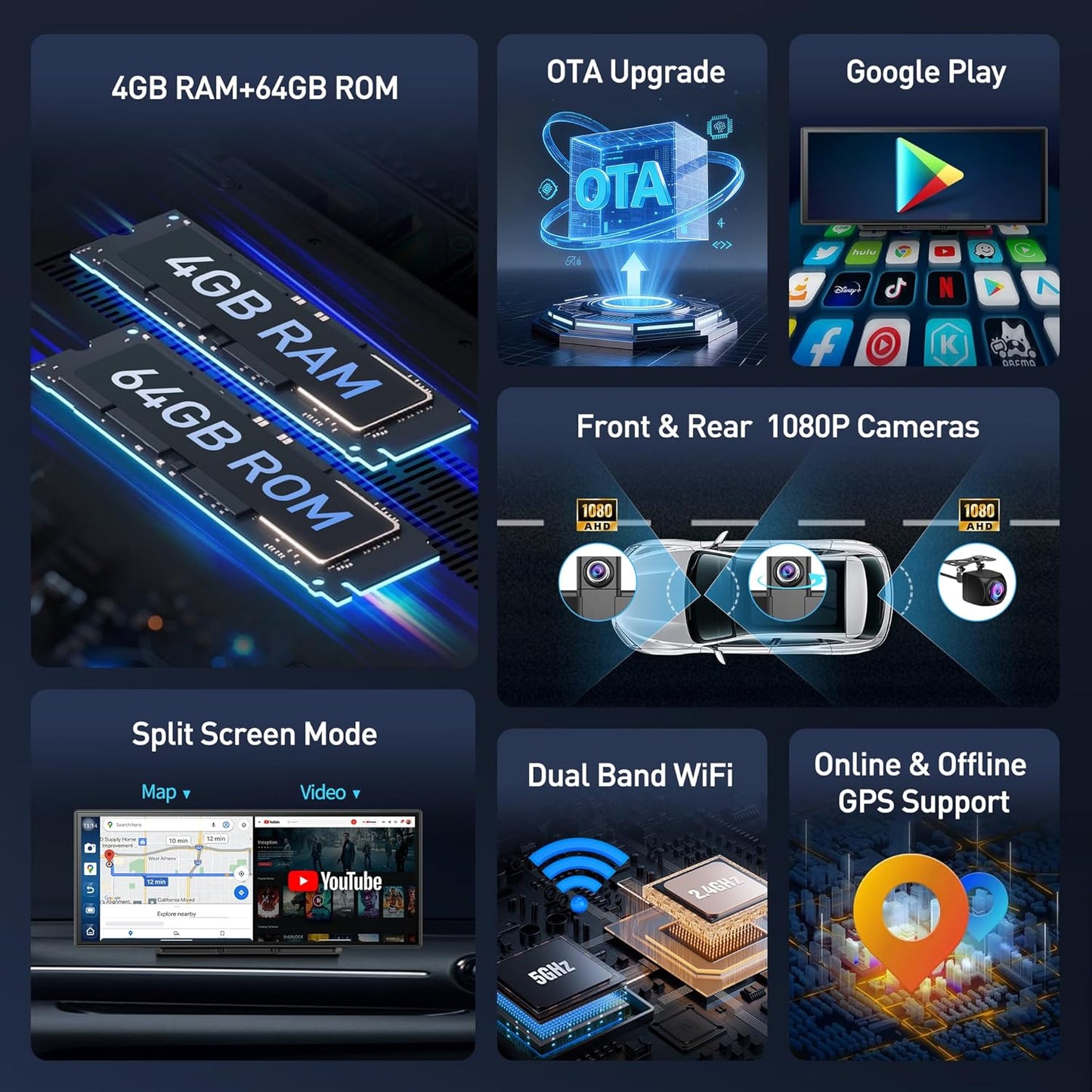 10.25' QLED Carplay Screen for Car Android 8Core 4G+64G Apple CarPlay & Android Auto