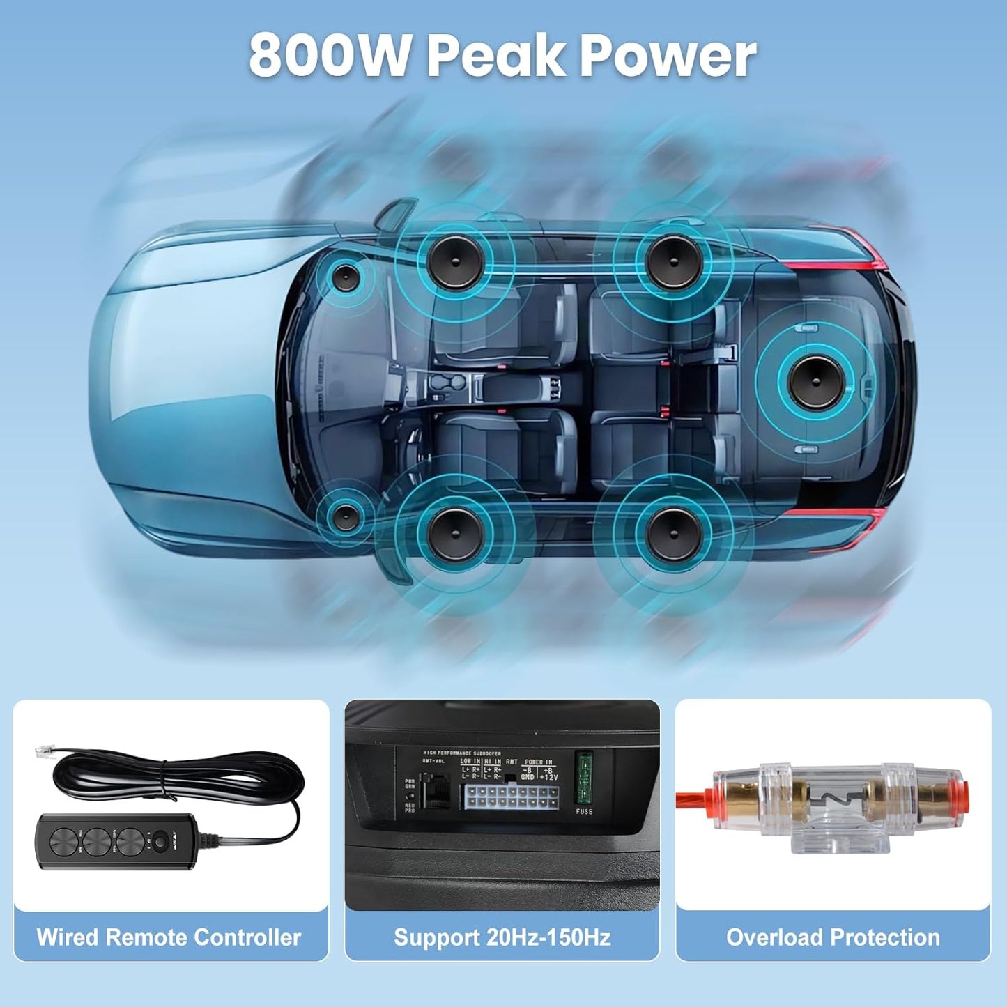 800W Powered 12' Car Subwoofer, Anti-Theft Spare Tire Design, Deep Bass, Easy Install and Remote Bass Knob