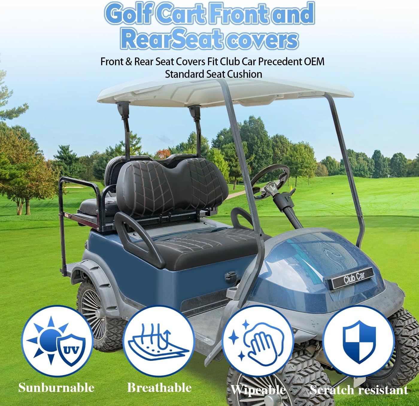 4PCS Golf Cart Seat Covers Kit, Front and Rear Seat Covers,  Black & Brown Stitch, Fits Club Car Precedent