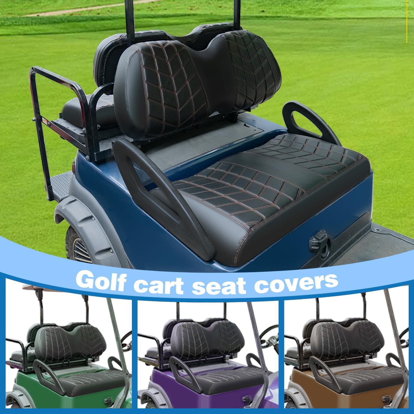 4PCS Golf Cart Seat Covers Kit, Front and Rear Seat Covers,  Black & Brown Stitch, Fits Club Car Precedent