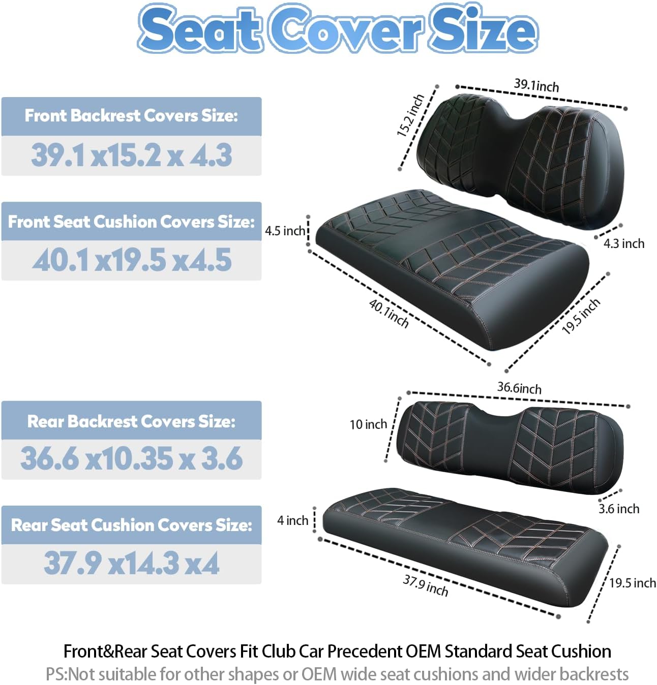 4PCS Golf Cart Seat Covers Kit, Front and Rear Seat Covers,  Black & Brown Stitch, Fits Club Car Precedent
