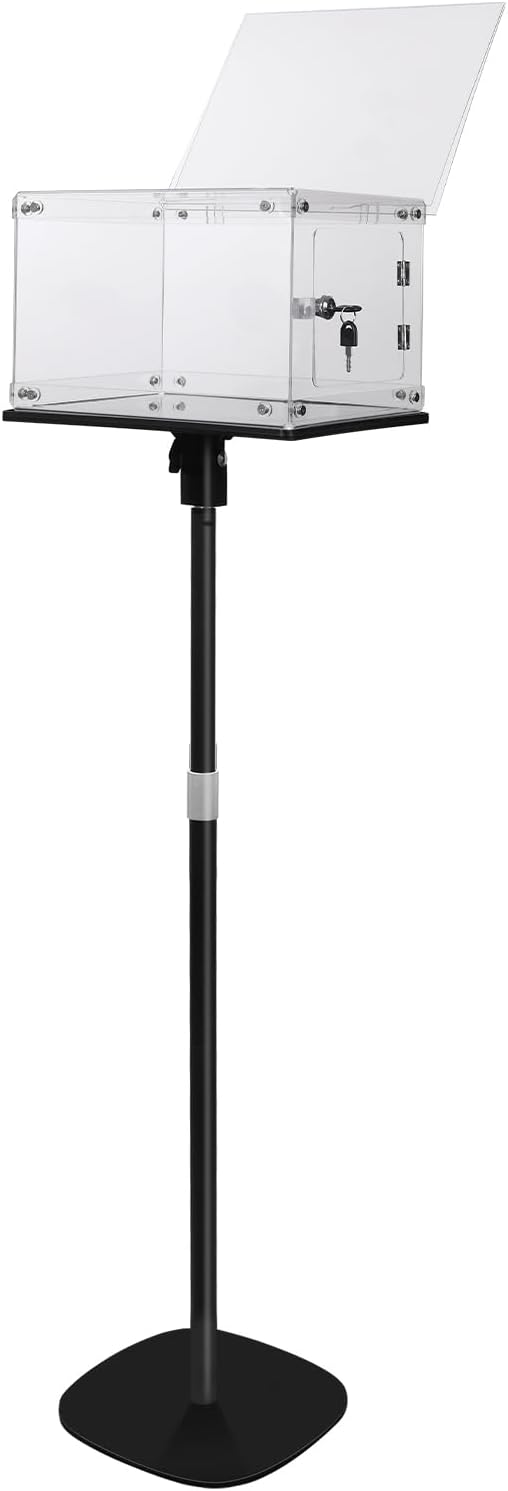 Suggestion Box w/ Stand, Heavy-Duty Metal Base, Lockable Polycarbonate Ballot Box w/ Adjustable Height, Sign Holder