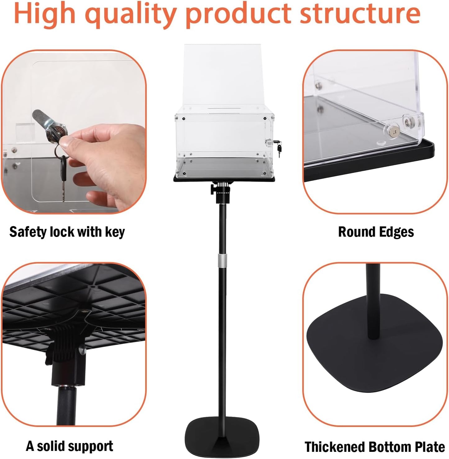 Suggestion Box w/ Stand, Heavy-Duty Metal Base, Lockable Polycarbonate Ballot Box w/ Adjustable Height, Sign Holder