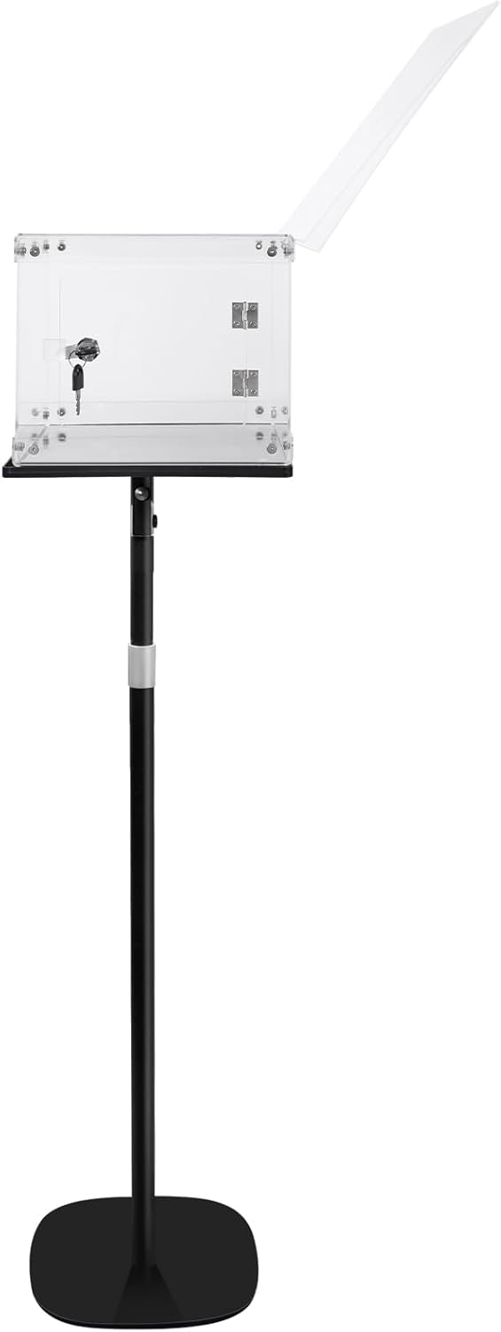 Suggestion Box w/ Stand, Heavy-Duty Metal Base, Lockable Polycarbonate Ballot Box w/ Adjustable Height, Sign Holder
