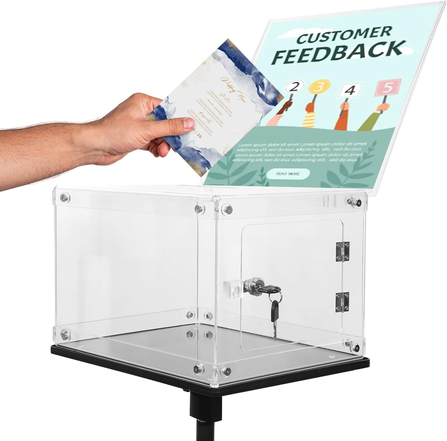 Suggestion Box w/ Stand, Heavy-Duty Metal Base, Lockable Polycarbonate Ballot Box w/ Adjustable Height, Sign Holder