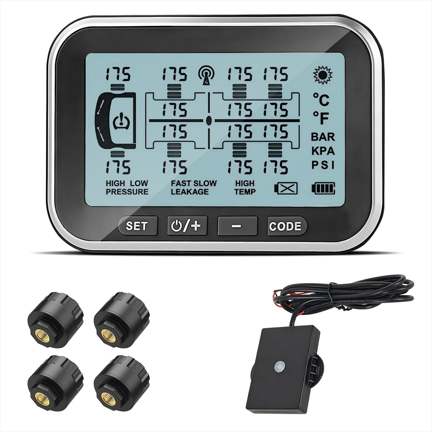 Tire Pressure Monitoring System, (0-199PSI) TM14 TPMS 4.5' Screen with 4 Sensors, Repeater, 6 Alert Modes