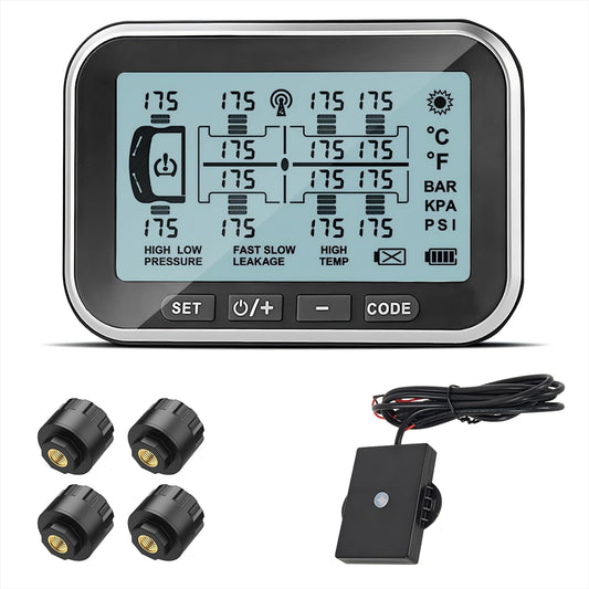 Tire Pressure Monitoring System, (0-199PSI) TM14 TPMS 4.5' Screen with 4 Sensors, Repeater, 6 Alert Modes