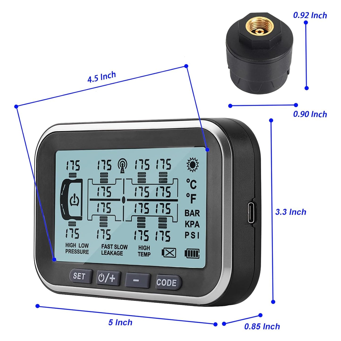 Tire Pressure Monitoring System, (0-199PSI) TM14 TPMS 4.5' Screen with 4 Sensors, Repeater, 6 Alert Modes