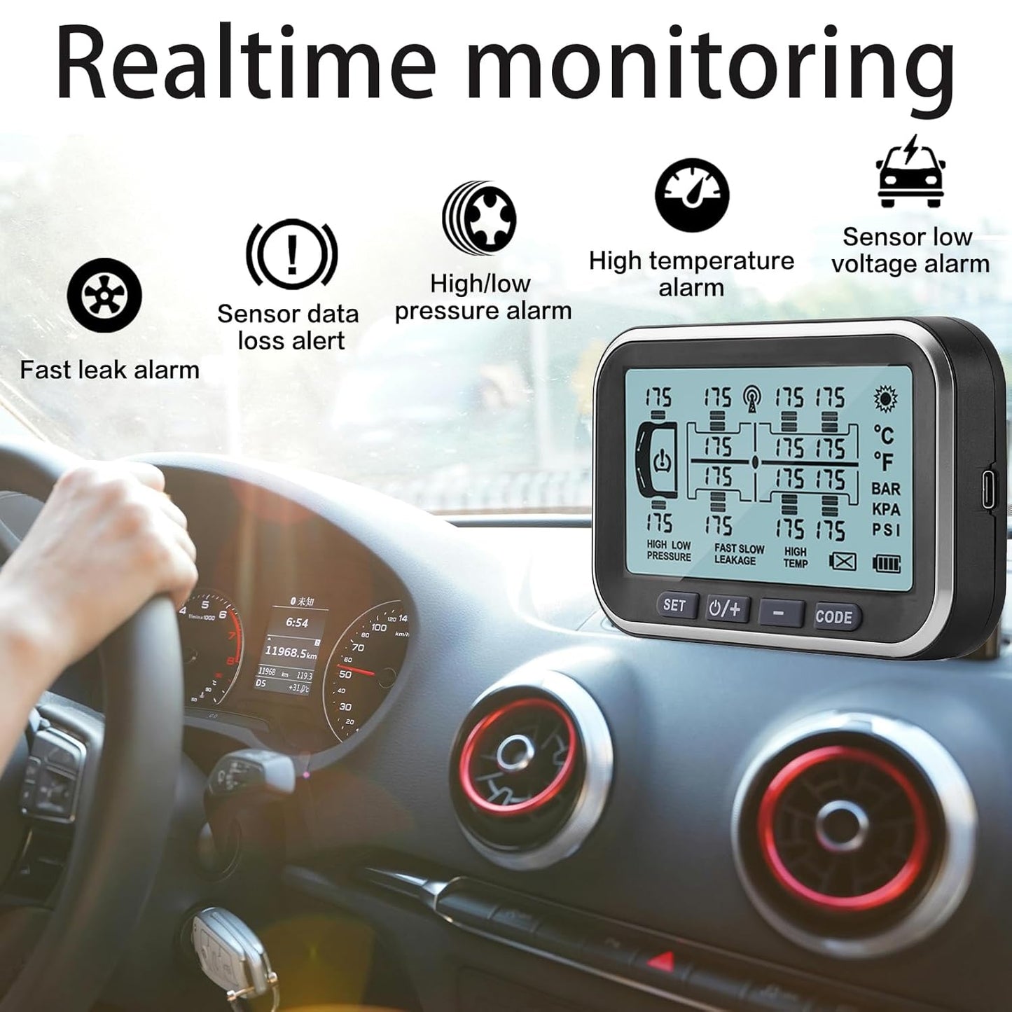 Tire Pressure Monitoring System, (0-199PSI) TM14 TPMS 4.5' Screen with 4 Sensors, Repeater, 6 Alert Modes