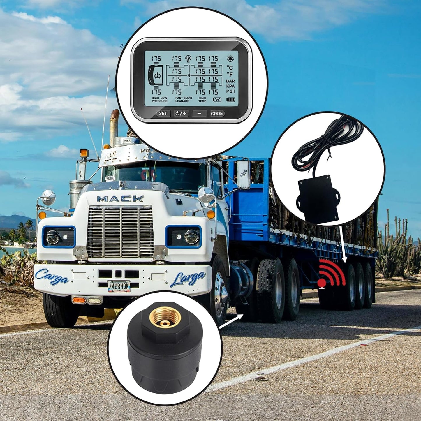 Tire Pressure Monitoring System, (0-199PSI) TM14 TPMS 4.5' Screen with 4 Sensors, Repeater, 6 Alert Modes