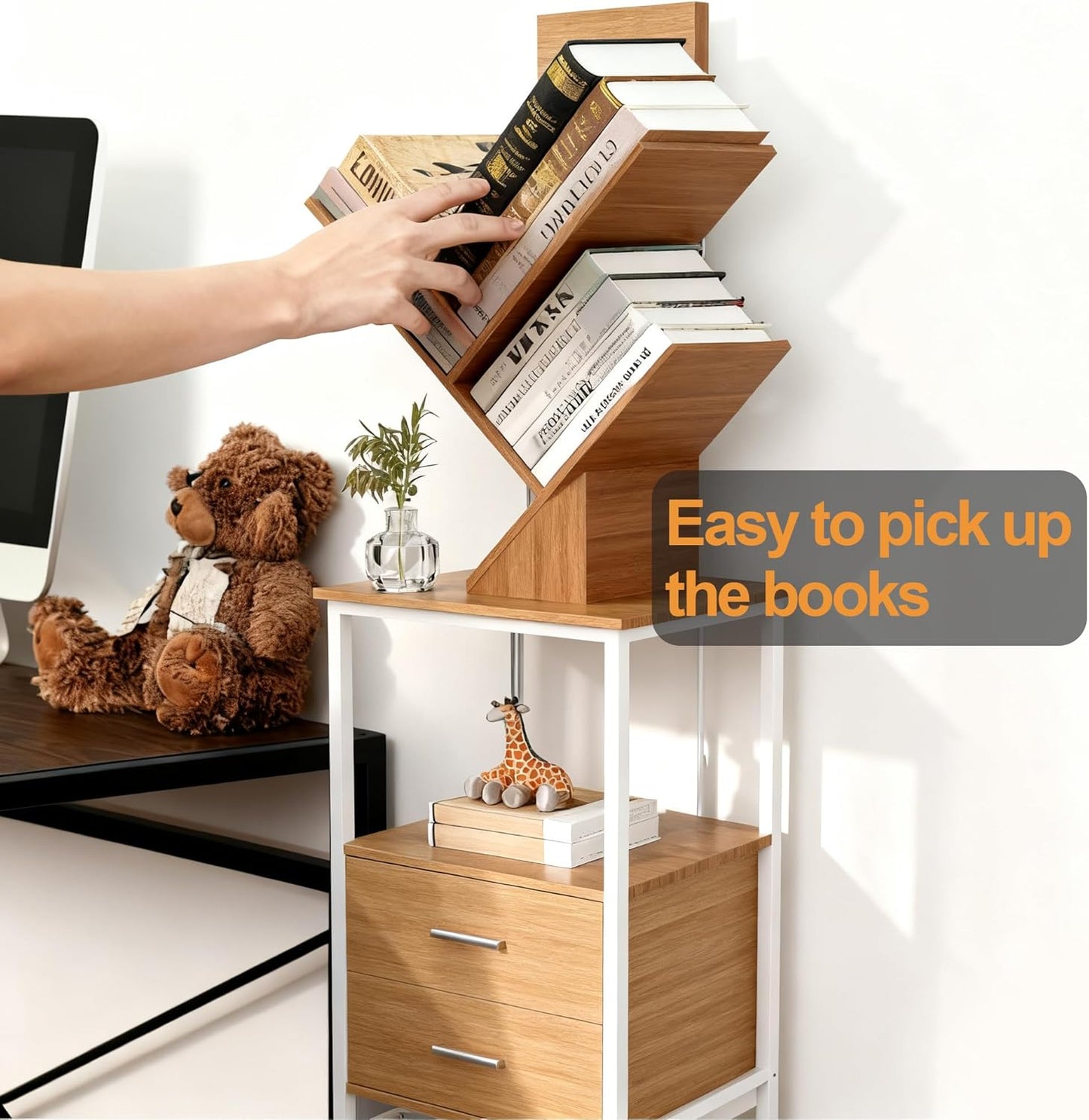 Bookshelf with Double Drawer, 5 Shelf Tree Bookshelf, Wooden Bookshelves Storage Rack, Walnut