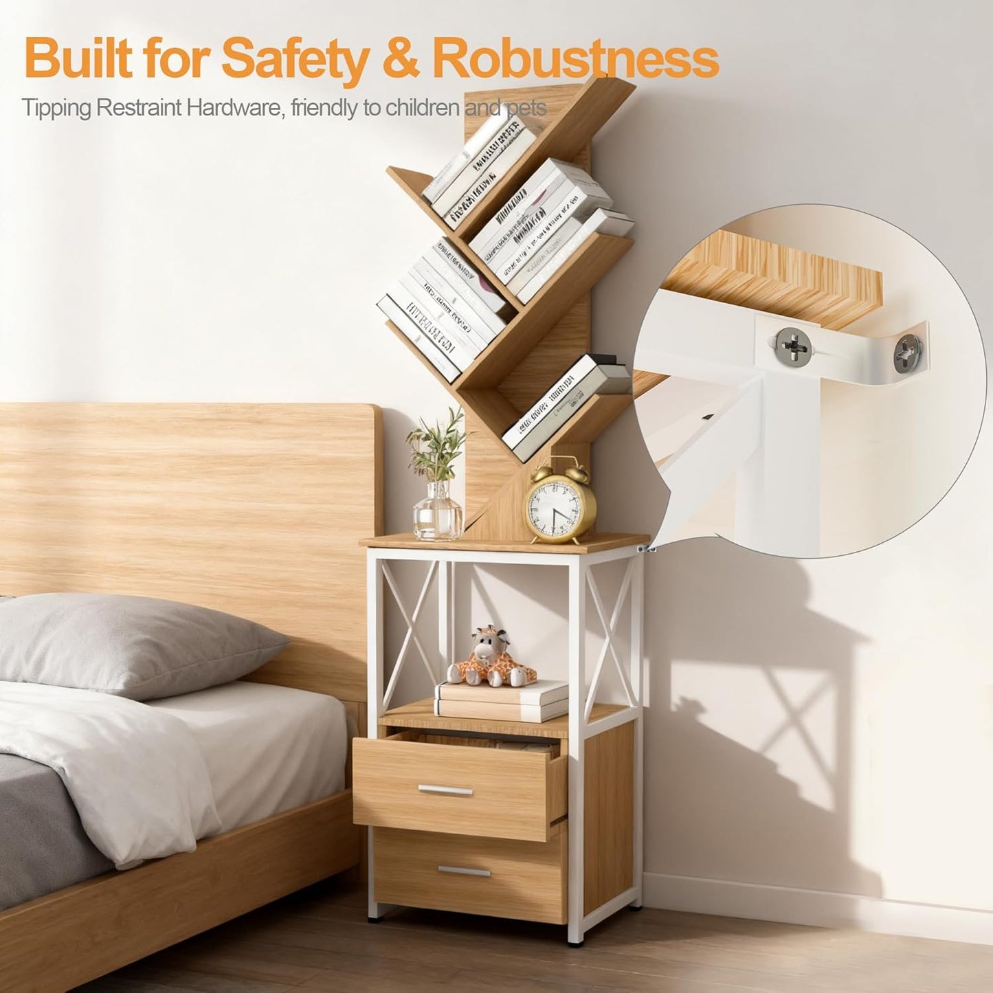 Bookshelf with Double Drawer, 5 Shelf Tree Bookshelf, Wooden Bookshelves Storage Rack, Walnut