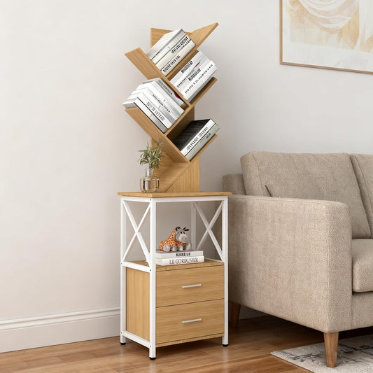 Bookshelf with Double Drawer, 5 Shelf Tree Bookshelf, Wooden Bookshelves Storage Rack, Walnut