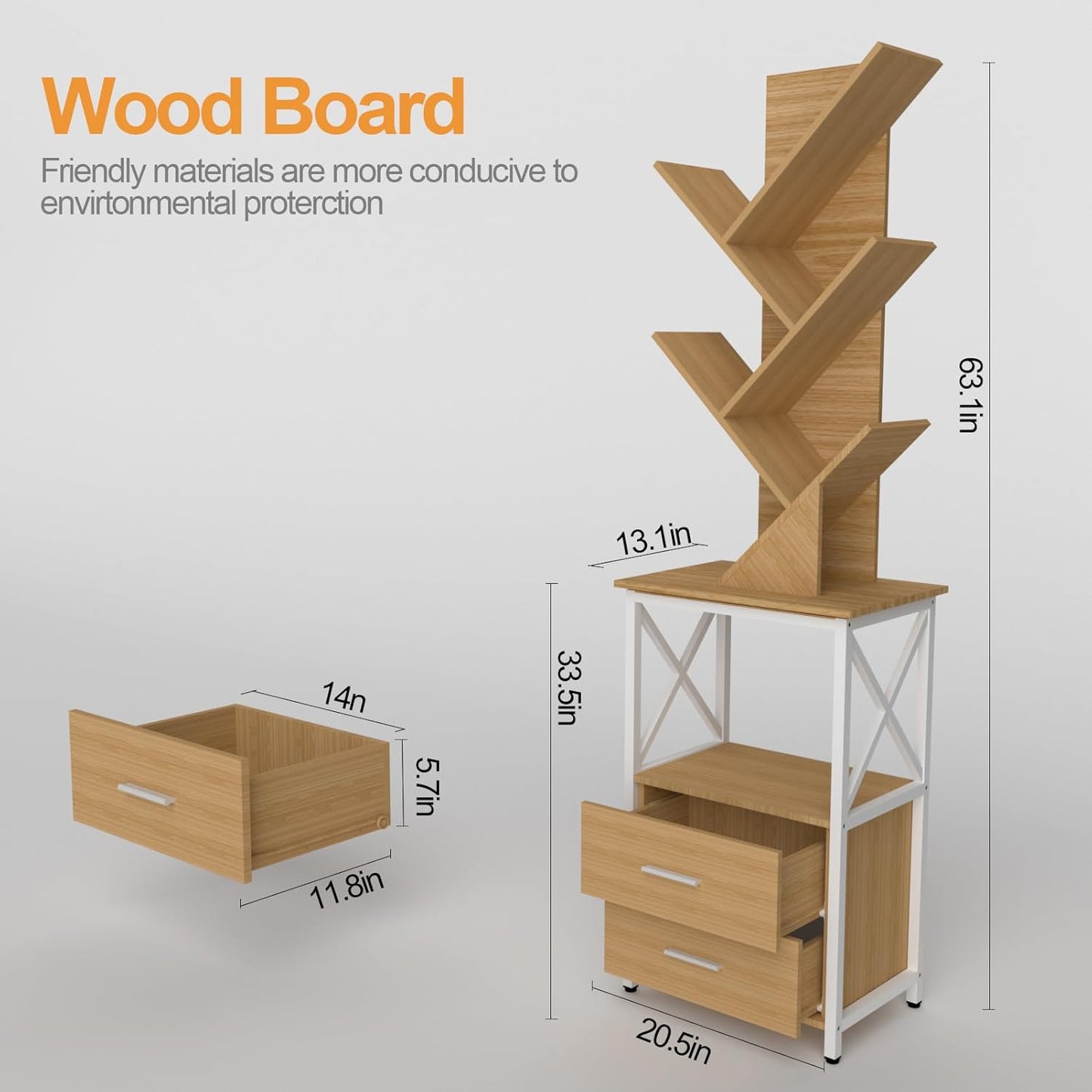 Bookshelf with Double Drawer, 5 Shelf Tree Bookshelf, Wooden Bookshelves Storage Rack, Walnut