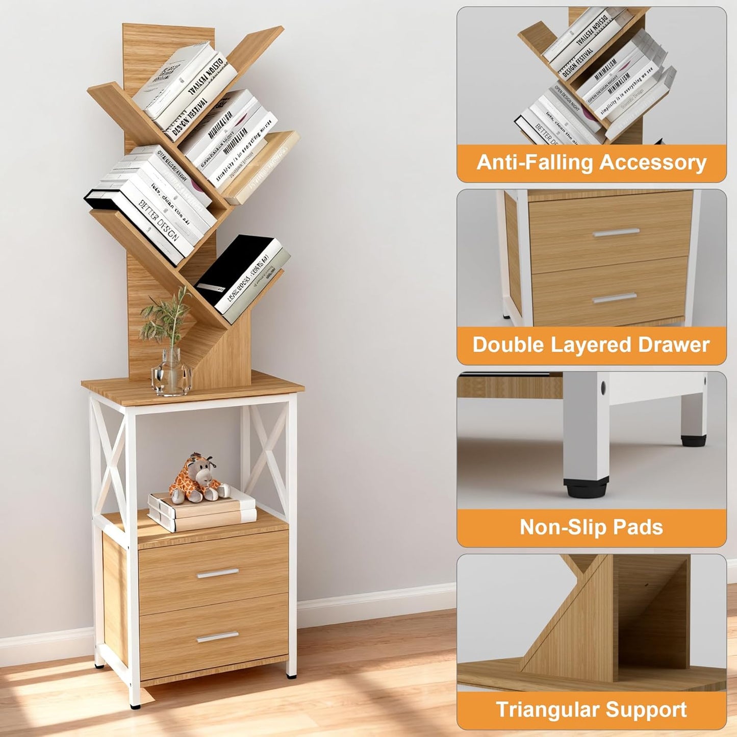 Bookshelf with Double Drawer, 5 Shelf Tree Bookshelf, Wooden Bookshelves Storage Rack, Walnut