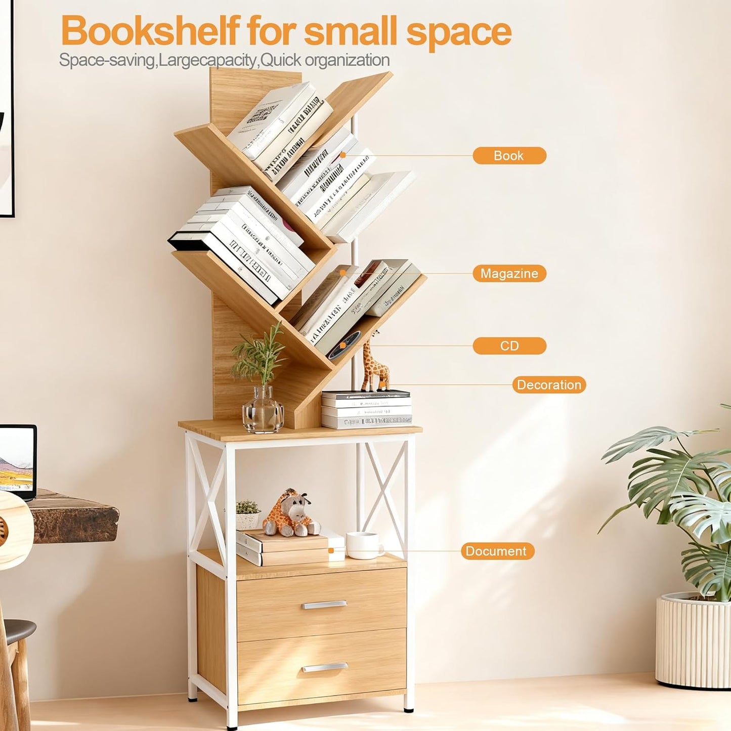 Bookshelf with Double Drawer, 5 Shelf Tree Bookshelf, Wooden Bookshelves Storage Rack, Walnut