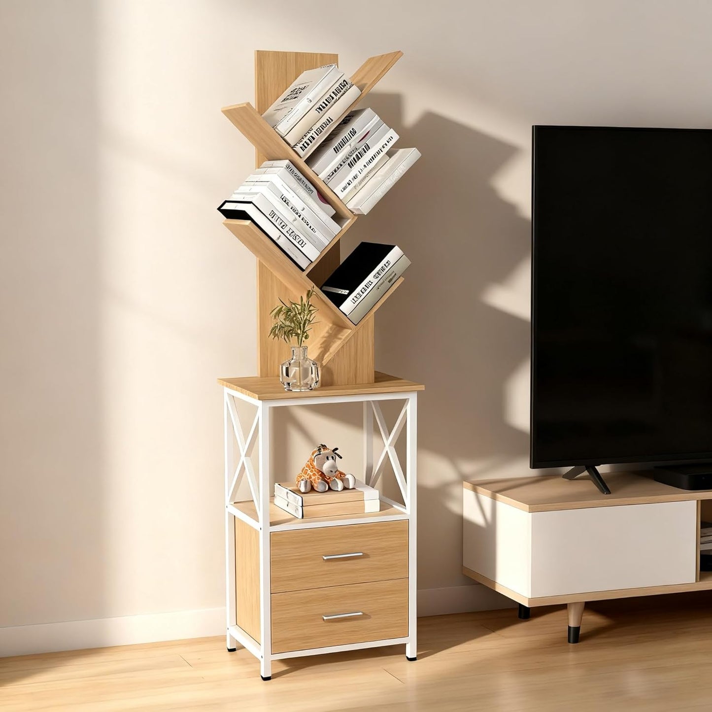 Bookshelf with Double Drawer, 5 Shelf Tree Bookshelf, Wooden Bookshelves Storage Rack, Walnut