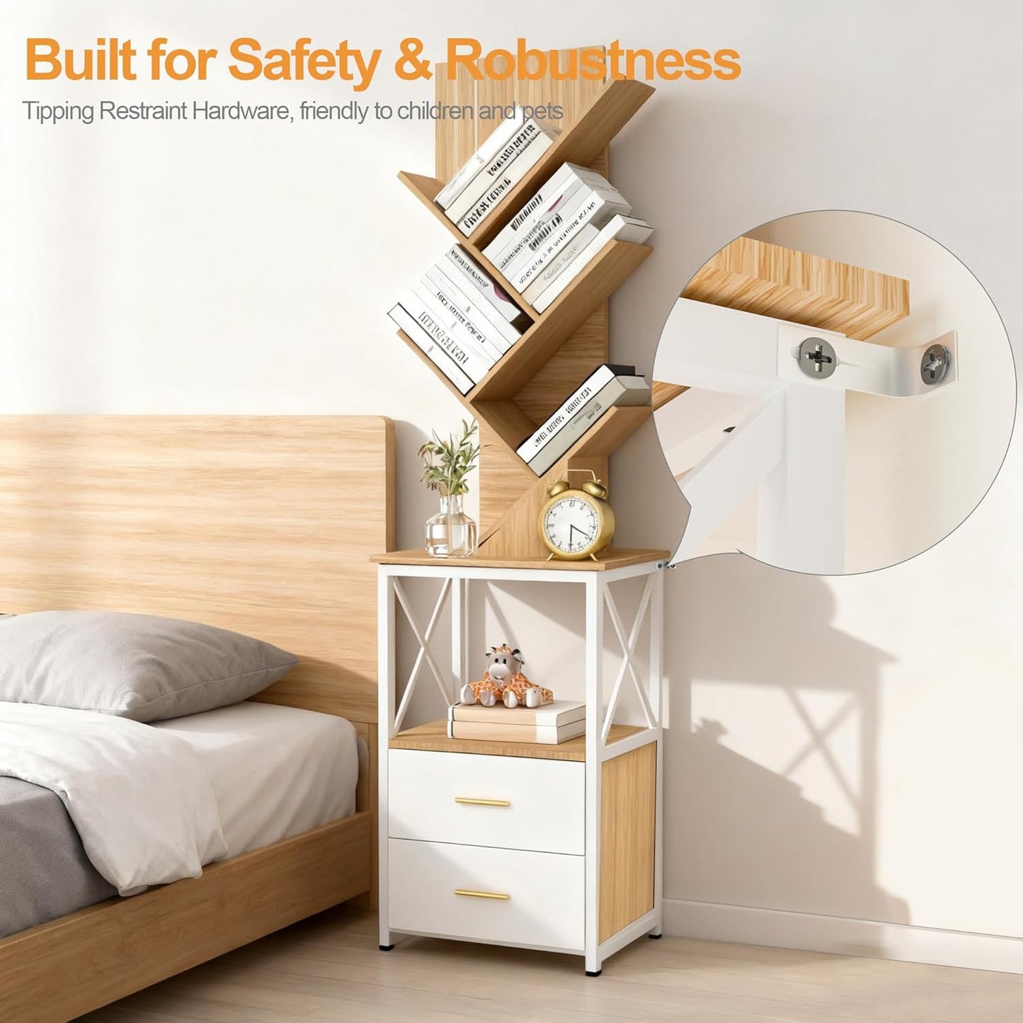 Bookshelf with Double Drawer, 5 Shelf Tree Bookshelf, Wooden Bookshelves Storage Rack, White Drawer