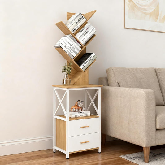 Bookshelf with Double Drawer, 5 Shelf Tree Bookshelf, Wooden Bookshelves Storage Rack, White Drawer