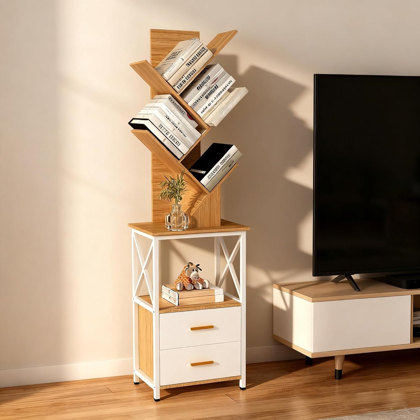 Bookshelf with Double Drawer, 5 Shelf Tree Bookshelf, Wooden Bookshelves Storage Rack, White Drawer