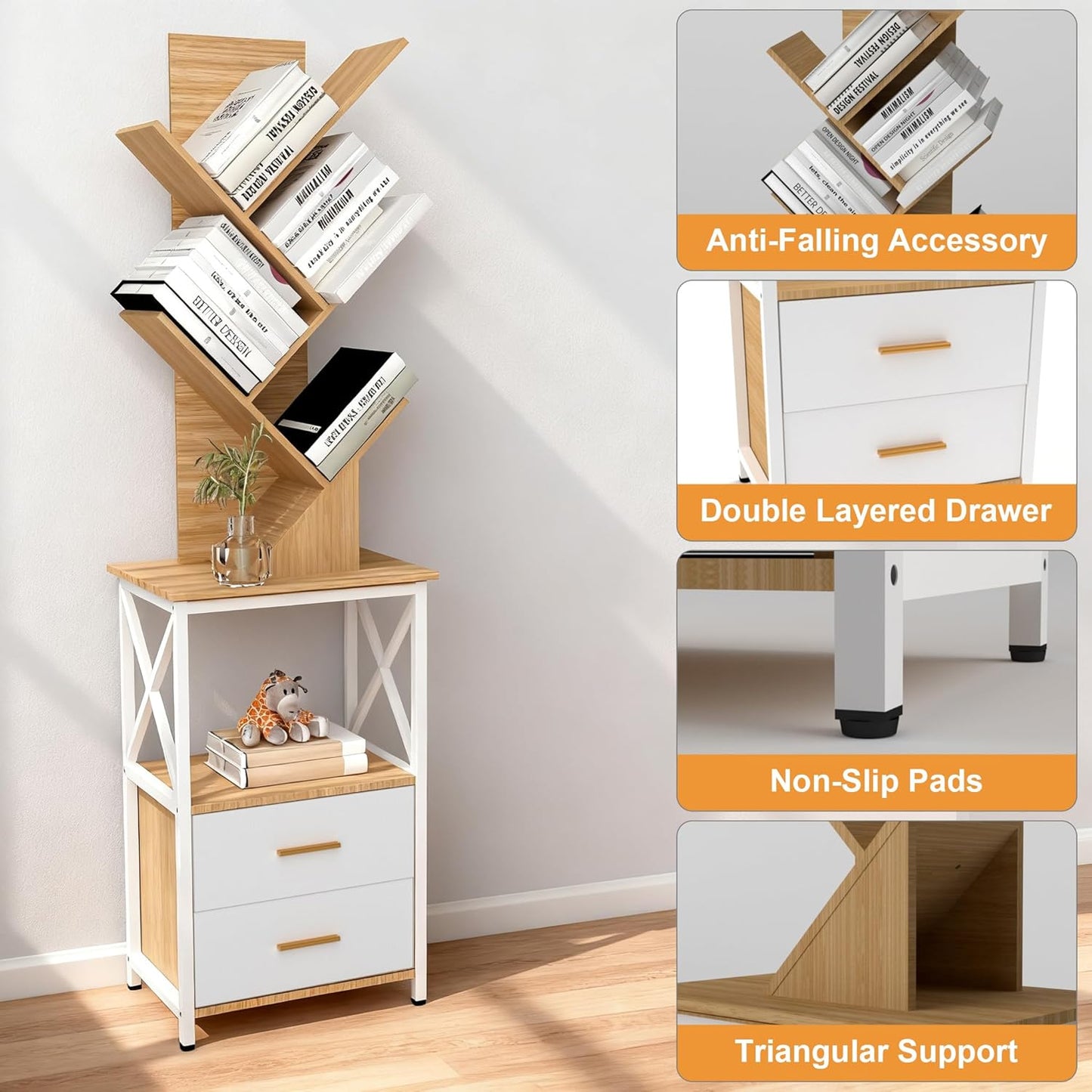 Bookshelf with Double Drawer, 5 Shelf Tree Bookshelf, Wooden Bookshelves Storage Rack, White Drawer