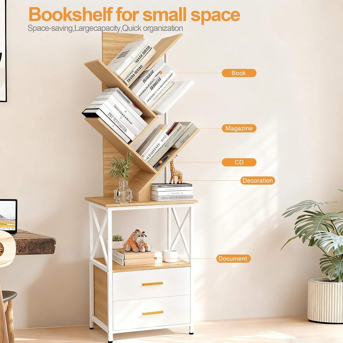 Bookshelf with Double Drawer, 5 Shelf Tree Bookshelf, Wooden Bookshelves Storage Rack, White Drawer