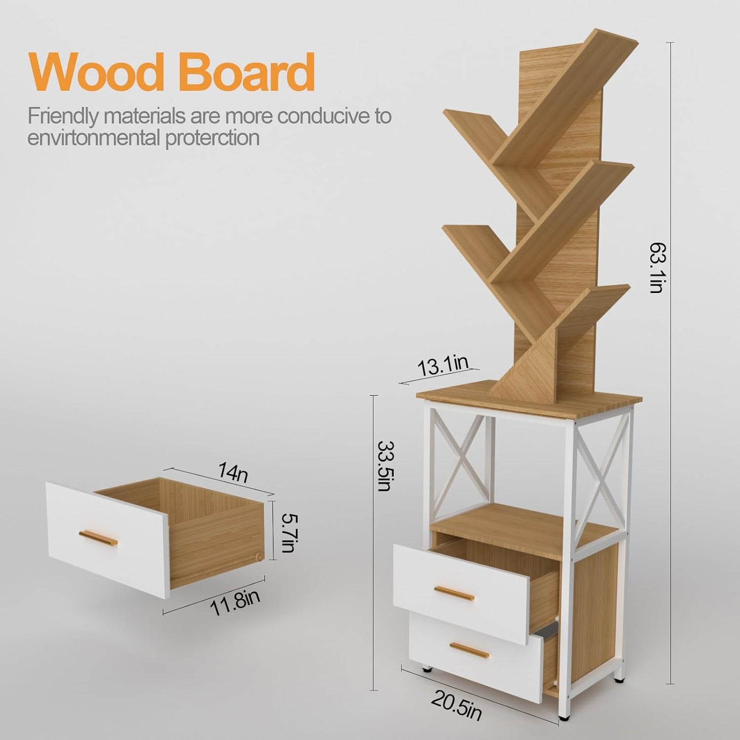 Bookshelf with Double Drawer, 5 Shelf Tree Bookshelf, Wooden Bookshelves Storage Rack, White Drawer
