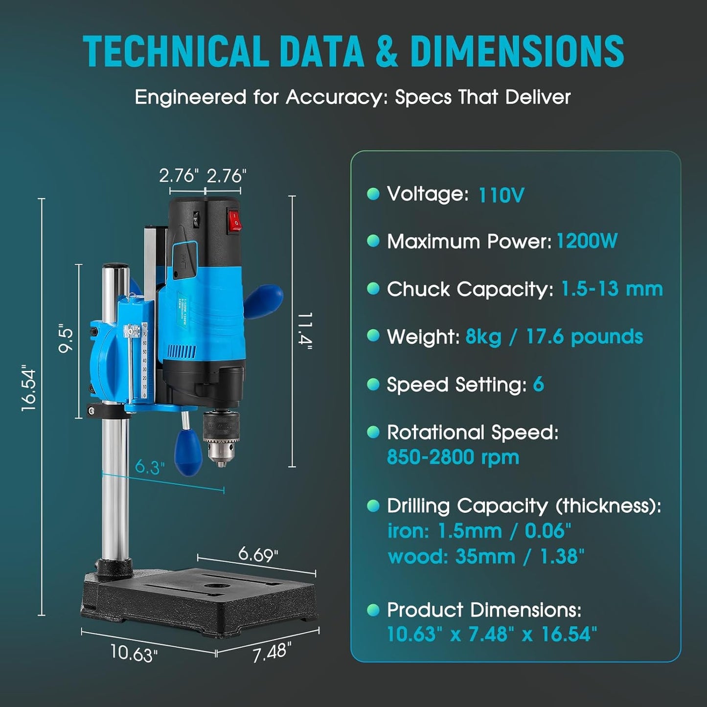 Mini Benchtop Drill Press 6-Speed 2800RPM Drill Press Rotary Tool Workstation,1200W Electric Portable, 3.15' Depth