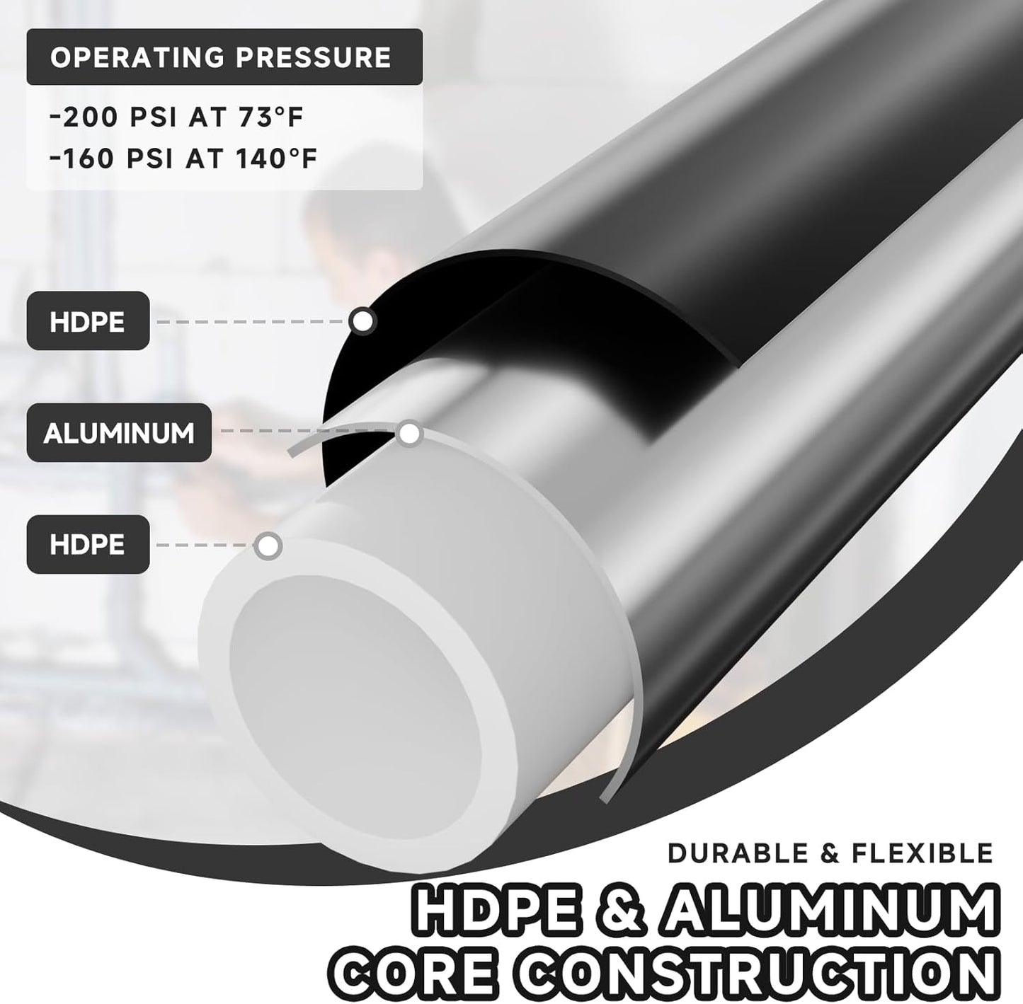 Compressed Air Line Kit, 3/4' x 200ft HDPE-Aluminum-HDPE Piping, Accessories and Airline Tubing(Black) (200ft)