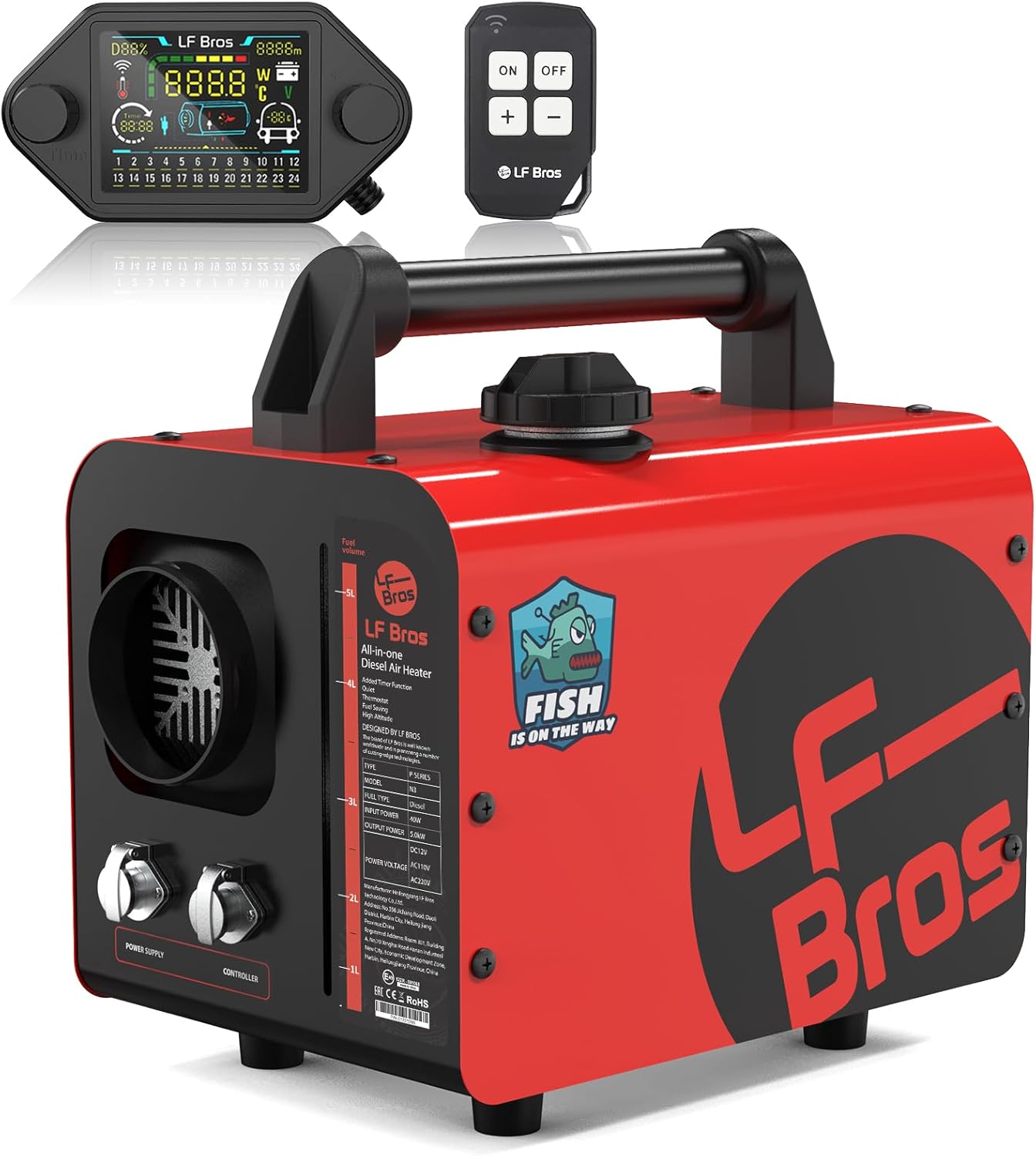 Professional 110V/12V 5KW Diesel Heater, All-in-One 5L,  with Timer, Thermostat, Plateau Mode, Silent Oil Pump, Red