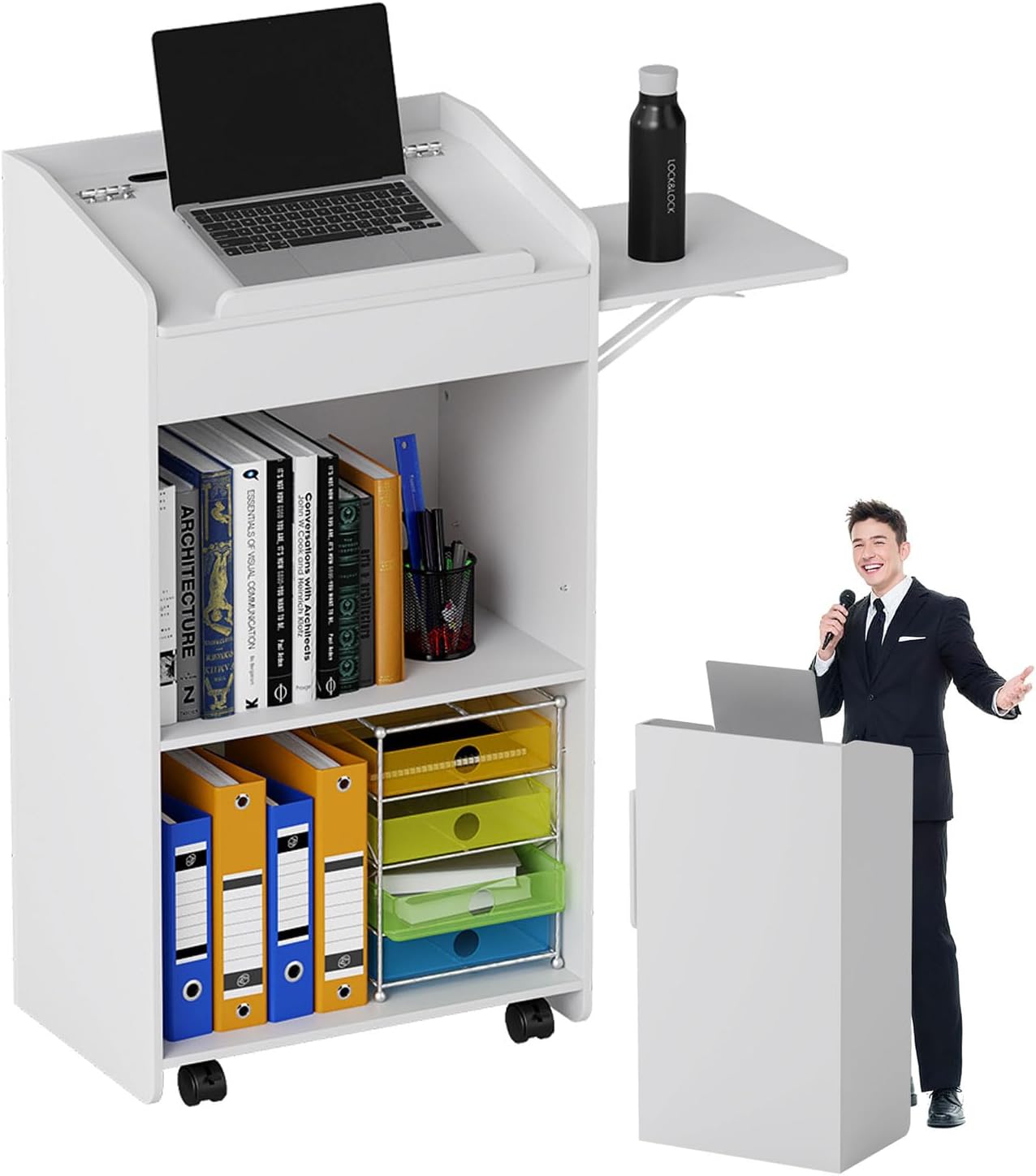 Podium Stand 41'H Portable Church Pulpit Lectern, Rolling Podium with Wheels/Storage Layer