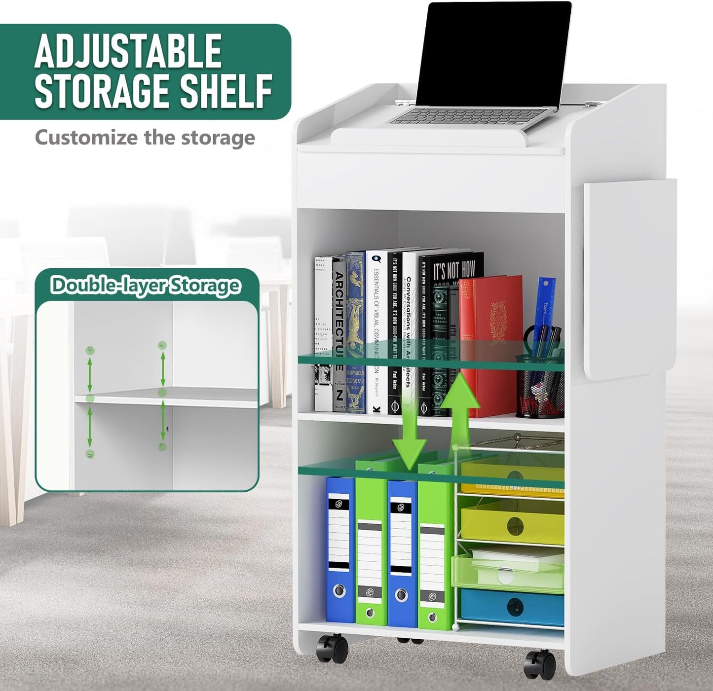 Podium Stand 41'H Portable Church Pulpit Lectern, Rolling Podium with Wheels/Storage Layer