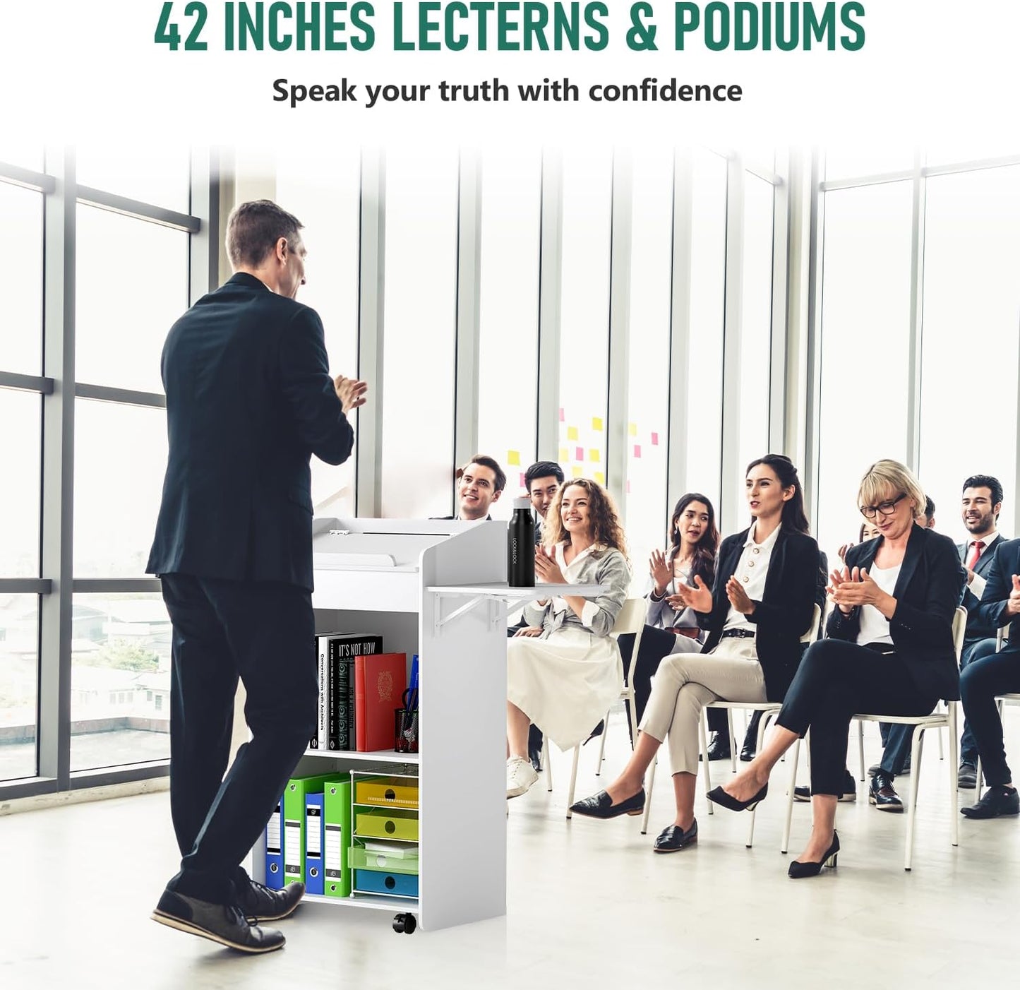 Podium Stand 41'H Portable Church Pulpit Lectern, Rolling Podium with Wheels/Storage Layer