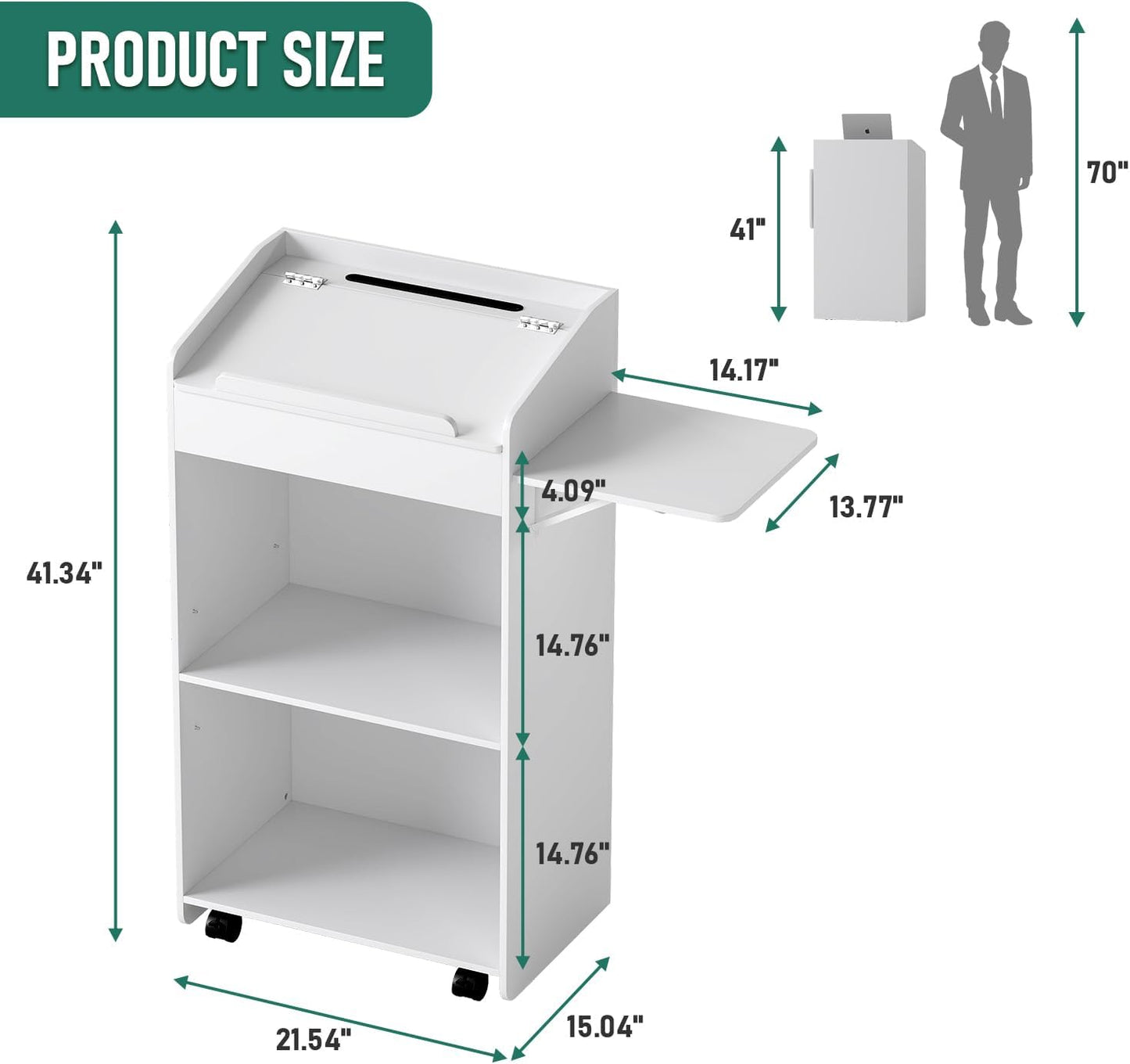 Podium Stand 41'H Portable Church Pulpit Lectern, Rolling Podium with Wheels/Storage Layer