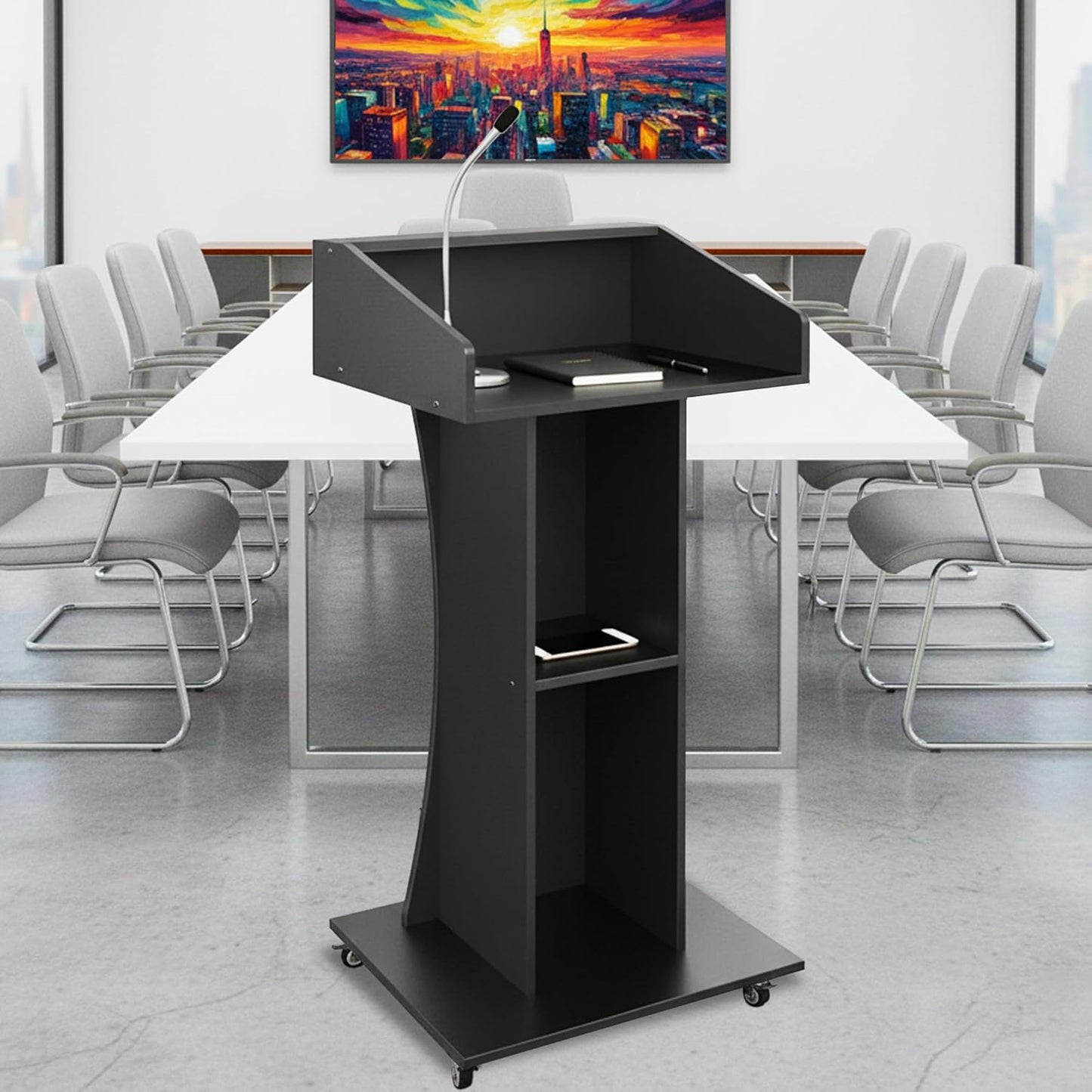 Podium Stand with Lockable Wheels,47' H Wooden, Mobile, Pulpit Lectern with 3 Storage Shelves