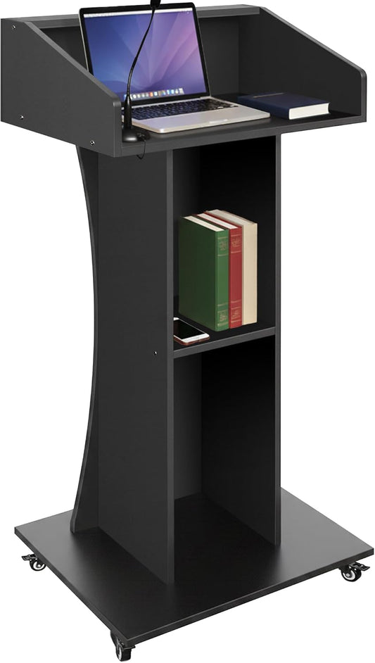 Podium Stand with Lockable Wheels,47' H Wooden, Mobile, Pulpit Lectern with 3 Storage Shelves