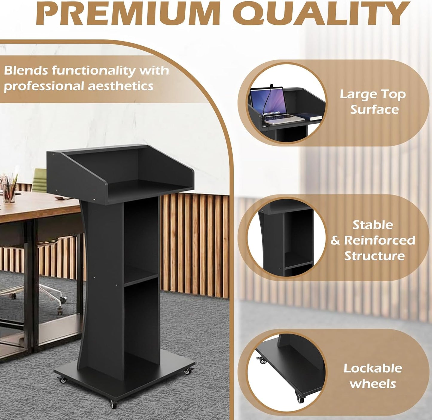 Podium Stand with Lockable Wheels,47' H Wooden, Mobile, Pulpit Lectern with 3 Storage Shelves