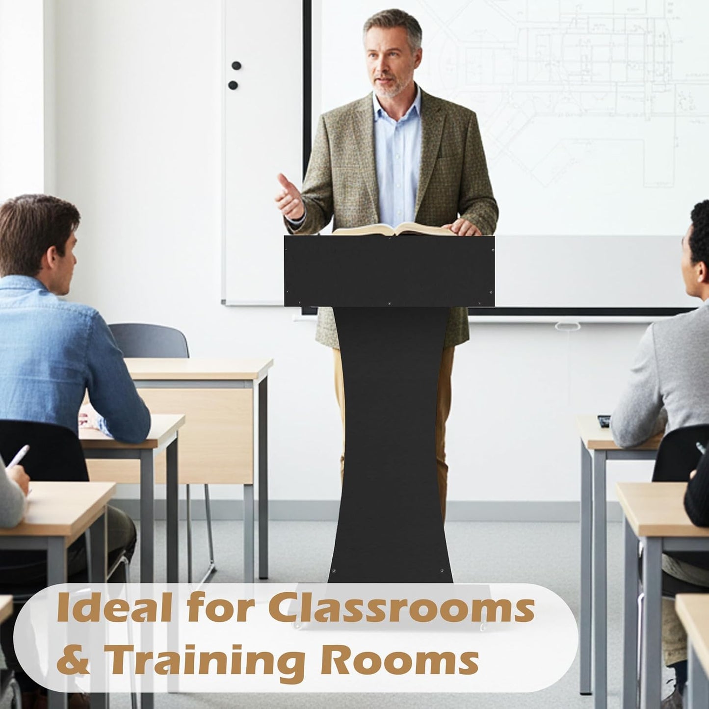 Podium Stand with Lockable Wheels,47' H Wooden, Mobile, Pulpit Lectern with 3 Storage Shelves