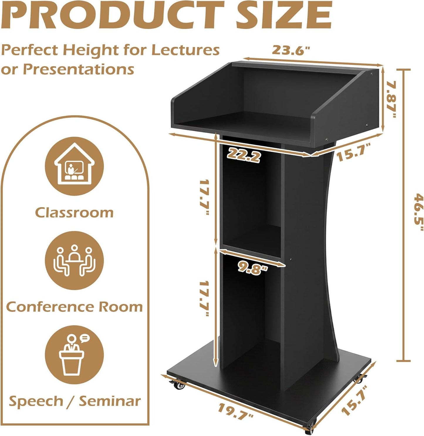 Podium Stand with Lockable Wheels,47' H Wooden, Mobile, Pulpit Lectern with 3 Storage Shelves