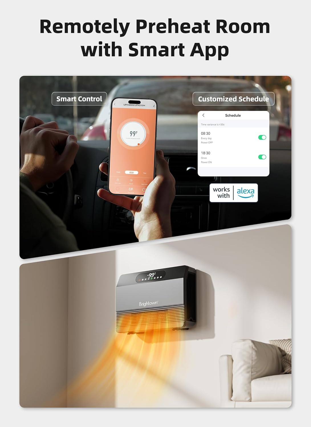 Wall Heater, Fast Heating Heater for Home Office Use, 12H Timer, Compatible with Alexa, Grey