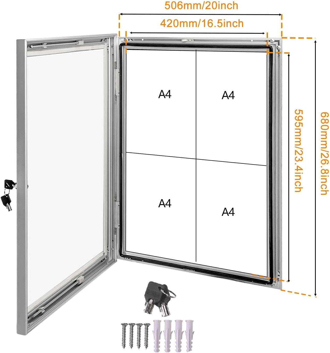 26.8×20 Lockable Enclosed Bulletin Board Wall Display Case w/ Rubber Seal Aluminum Felt Cork Board, Tamperproof Door