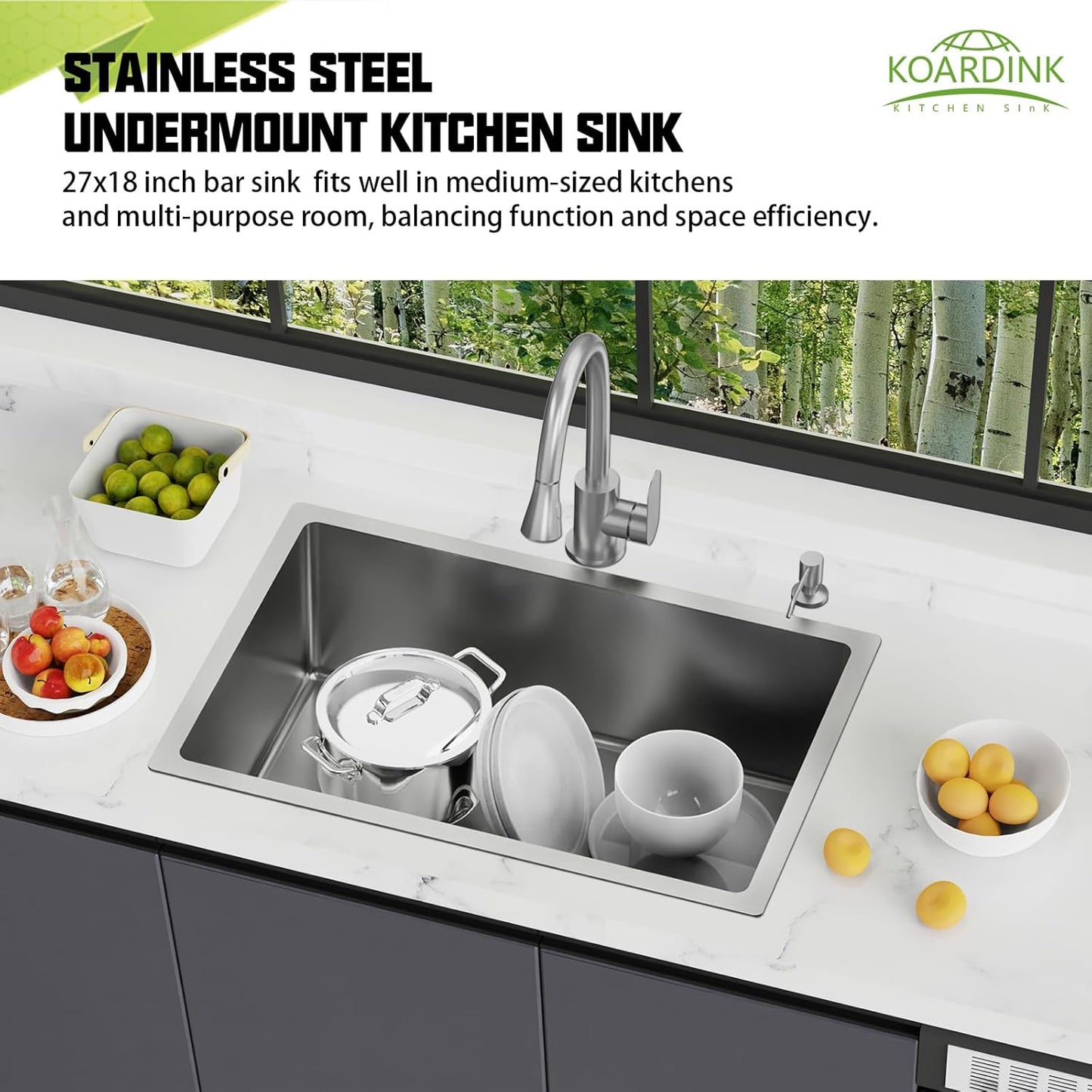 Kitchen And Bar Sink, 27'x18' Stainless Steel, Single Bowl, Bar Sink Combo-Silicon Mat, Drain Strainer Set