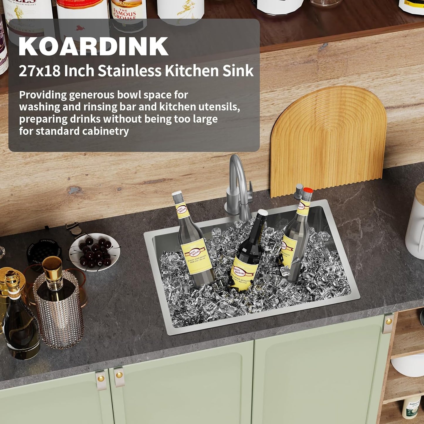 Kitchen And Bar Sink, 27'x18' Stainless Steel, Single Bowl, Bar Sink Combo-Silicon Mat, Drain Strainer Set