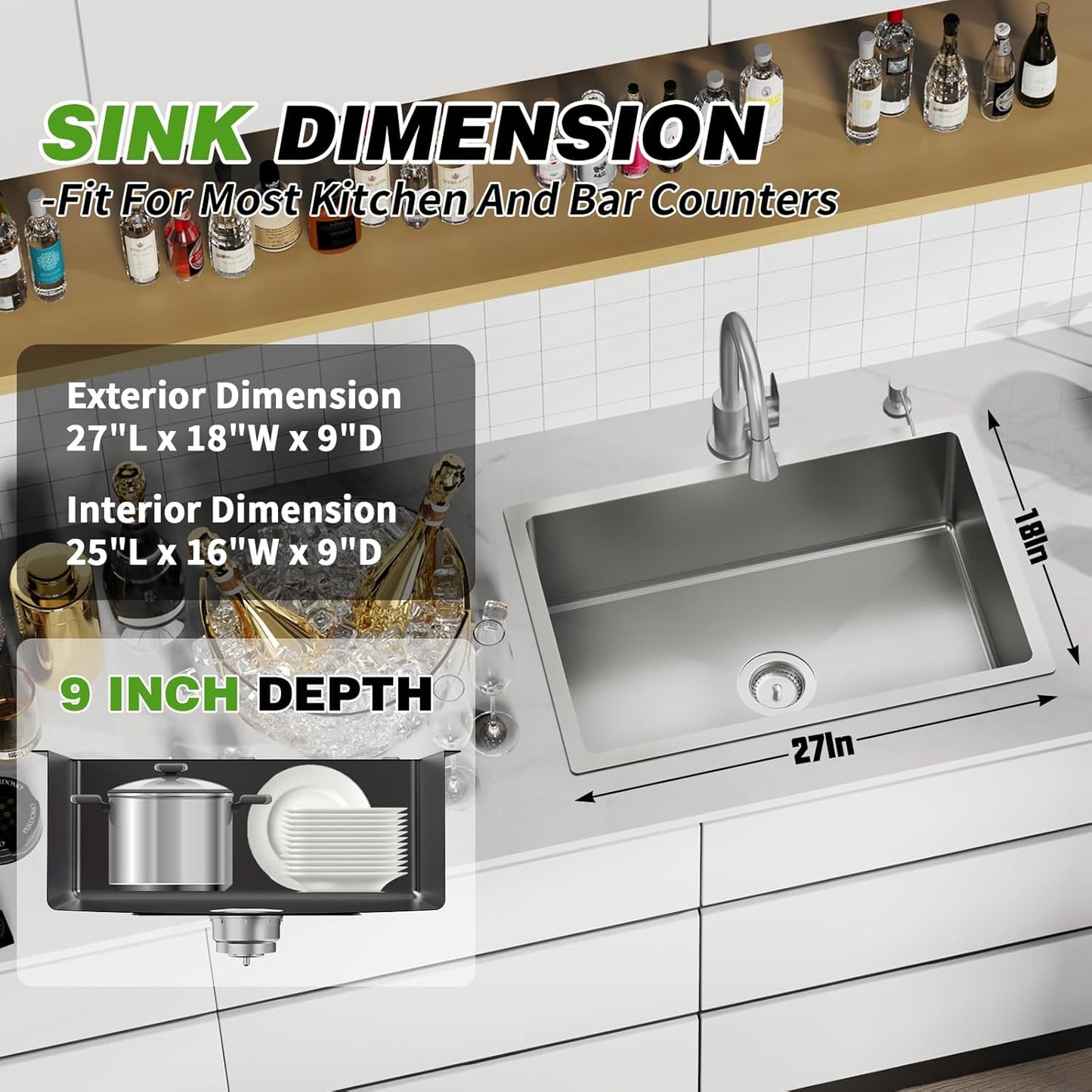 Kitchen And Bar Sink, 27'x18' Stainless Steel, Single Bowl, Bar Sink Combo-Silicon Mat, Drain Strainer Set